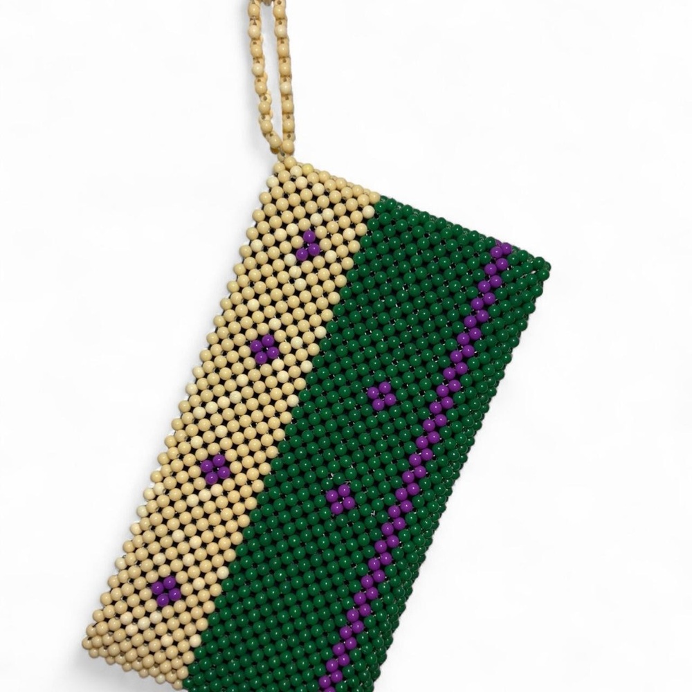 Vintage Beaded Clutch Bag in Cream, Green & Purple - Picture 6 of 8